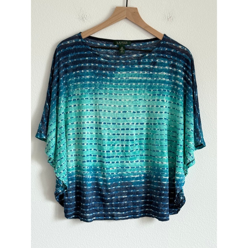 Lauren Ralph Lauren Blue Teal Ombre Linen Dolman Sleeve Knit Blouse Coastal Boho